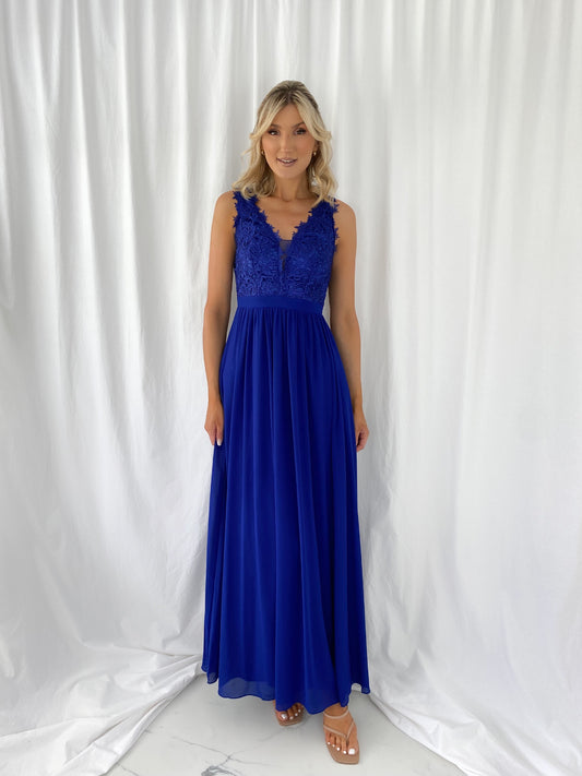 Telma Broderie Top Pleated Maxi Dress - Royal Blue