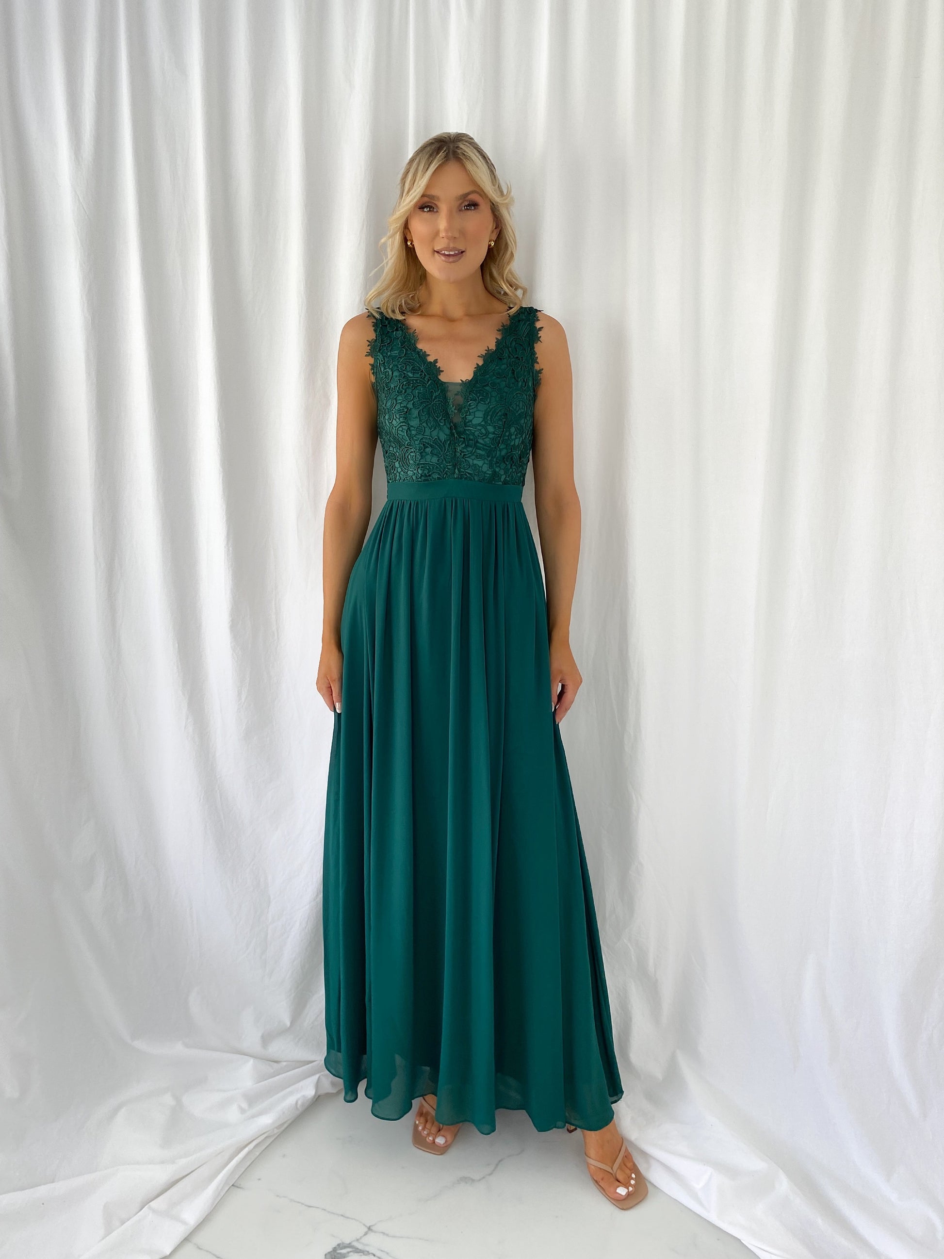 Telma Broderie Top Pleated Maxi Dress - Green mykindofdress Telma Broderie Top Pleated Maxi Dress - Green mykindofdress