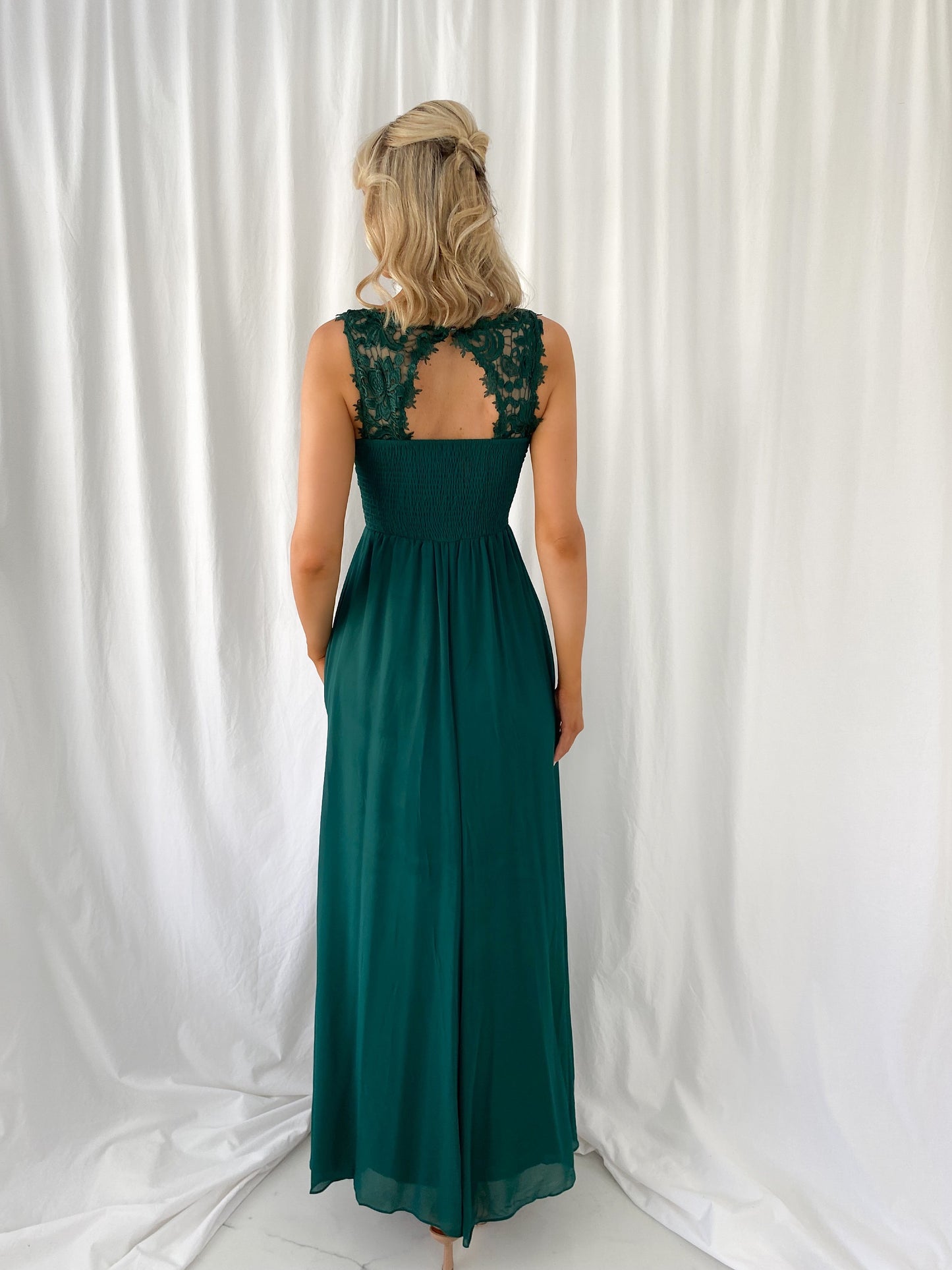 Telma Broderie Top Pleated Maxi Dress - Green