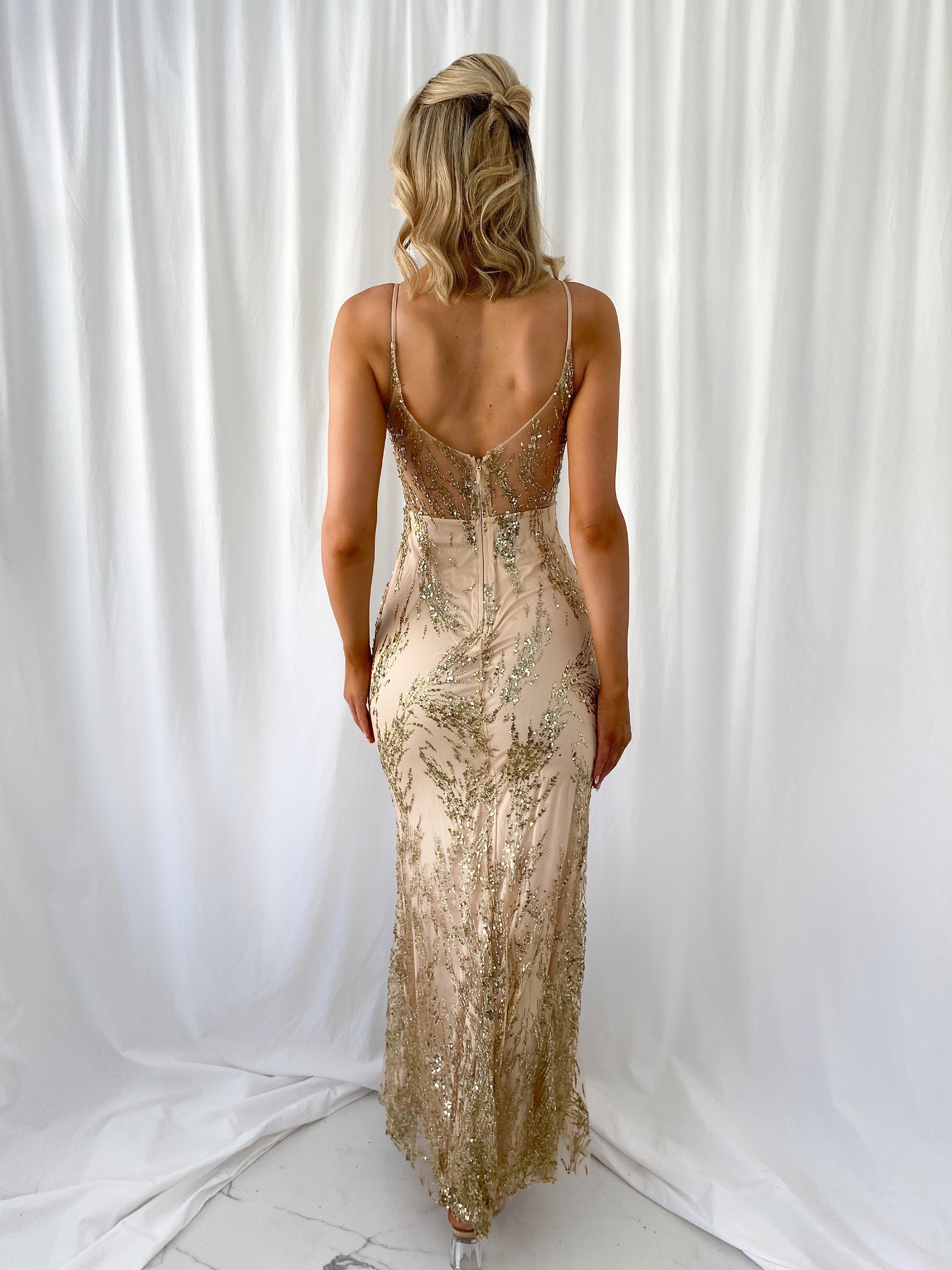 Gold sheer cheap maxi dress