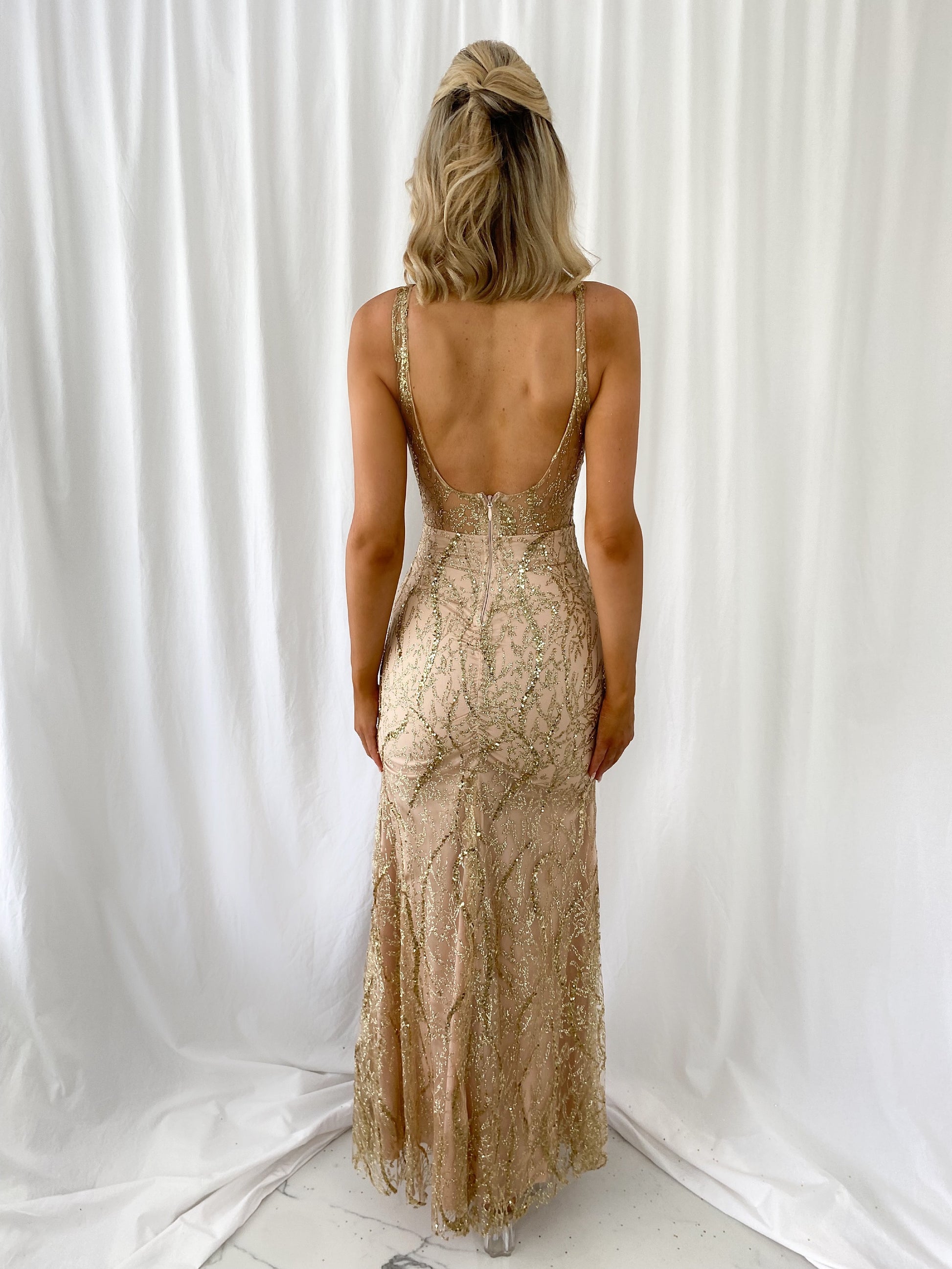 Caroline Embroidered Sheer Maxi Dress with Side Slit- Gold mykindofdress Caroline Embroidered Sheer Maxi Dress with Side Slit- Gold mykindofdress