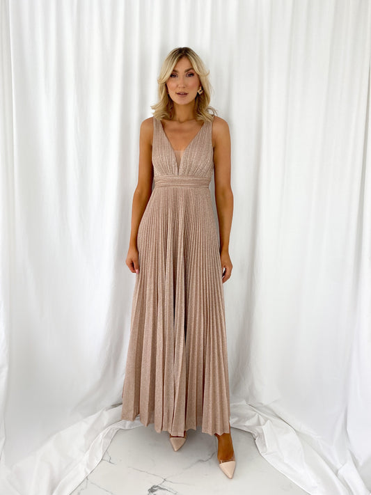 Joely Pleated Maxi Glitter Dress - Old Rose