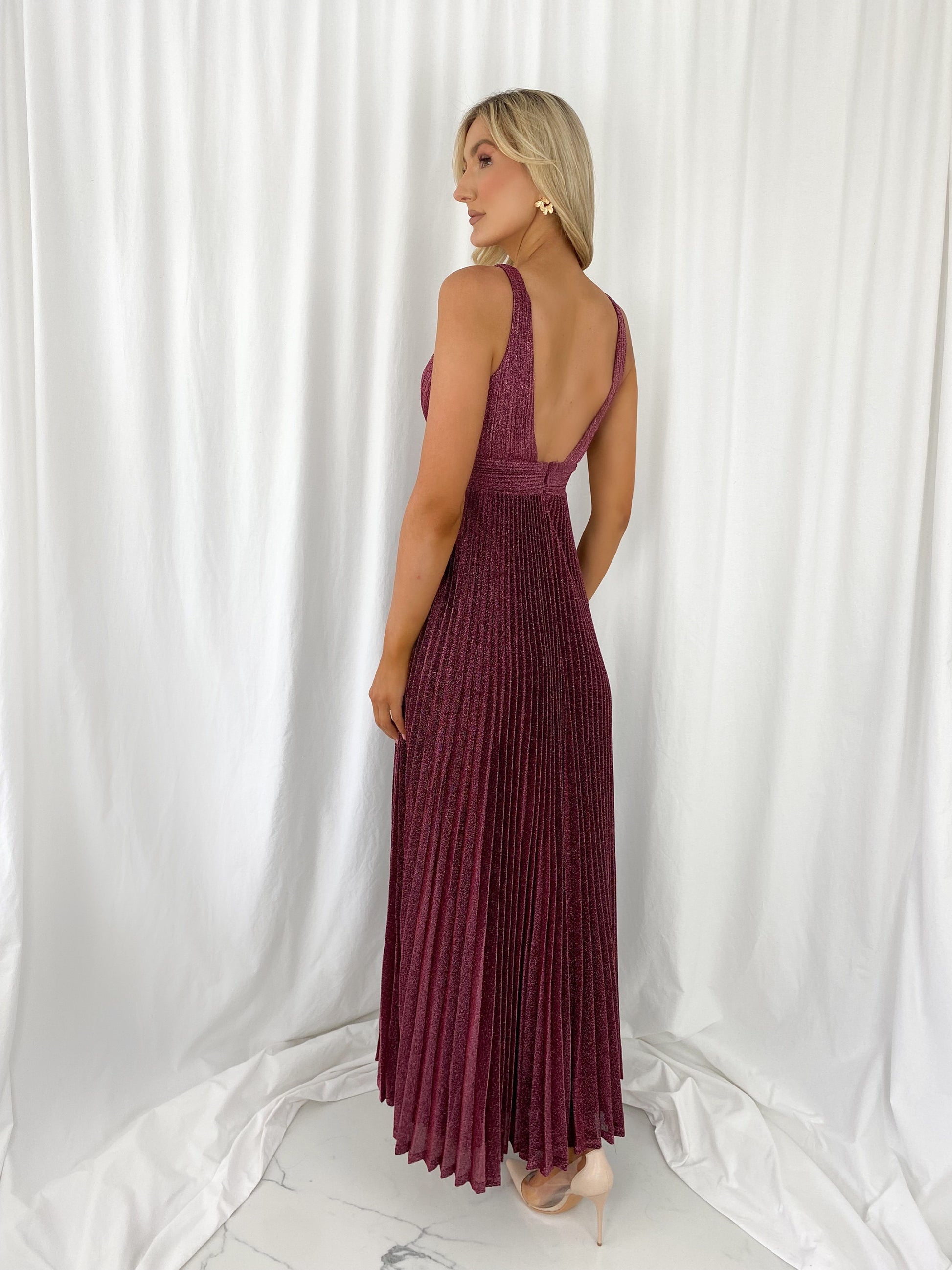 Joely Pleated Maxi Glitter Dress - Wine mykindofdress Joely Pleated Maxi Glitter Dress - Wine mykindofdress