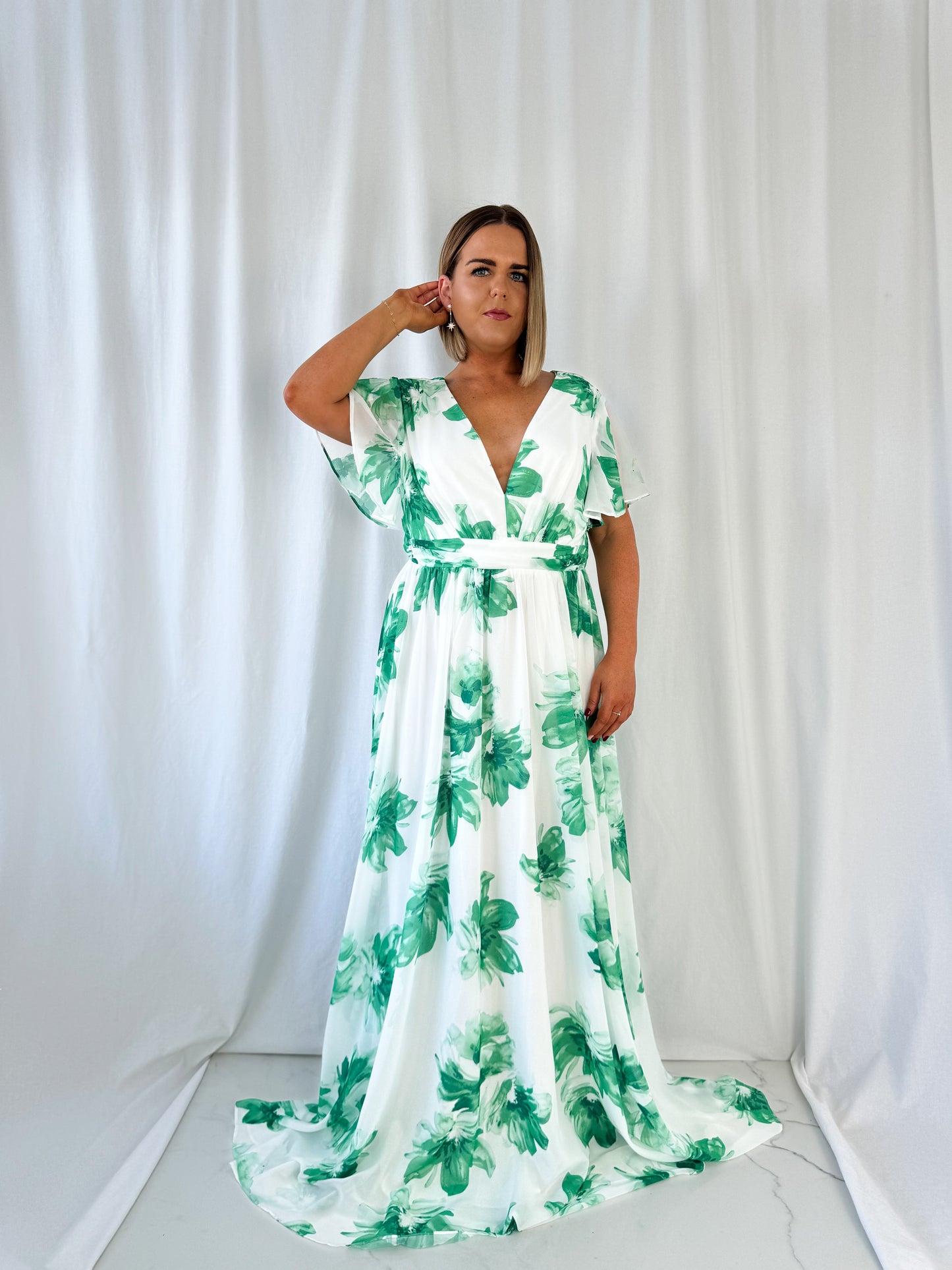 Vicky Maxi Floral Curve Dress - White and Green