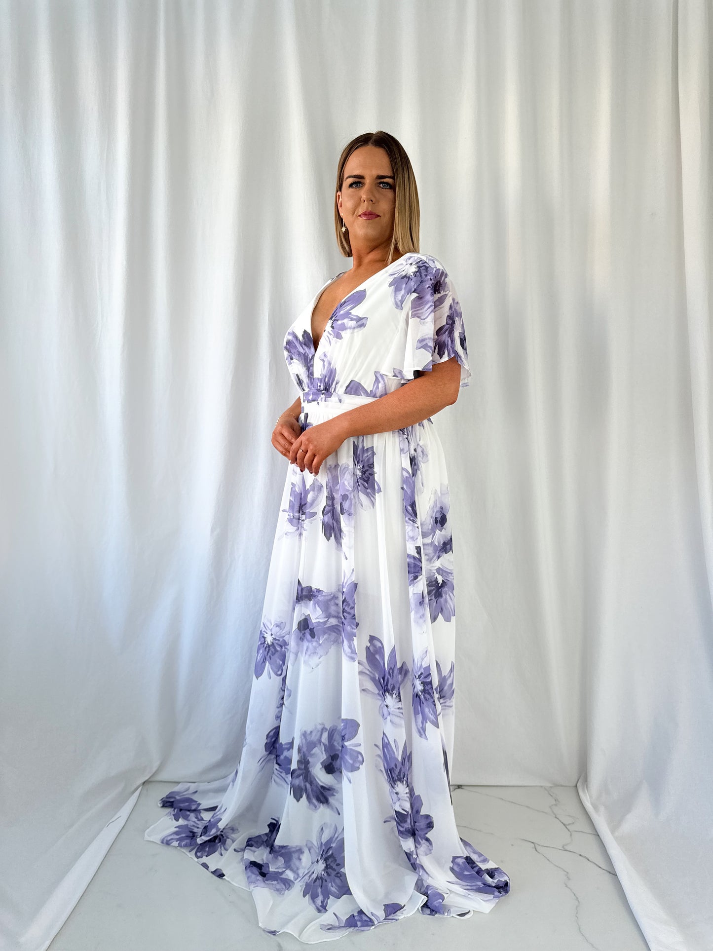 Vicky Maxi Floral Curve Dress - White and Purple