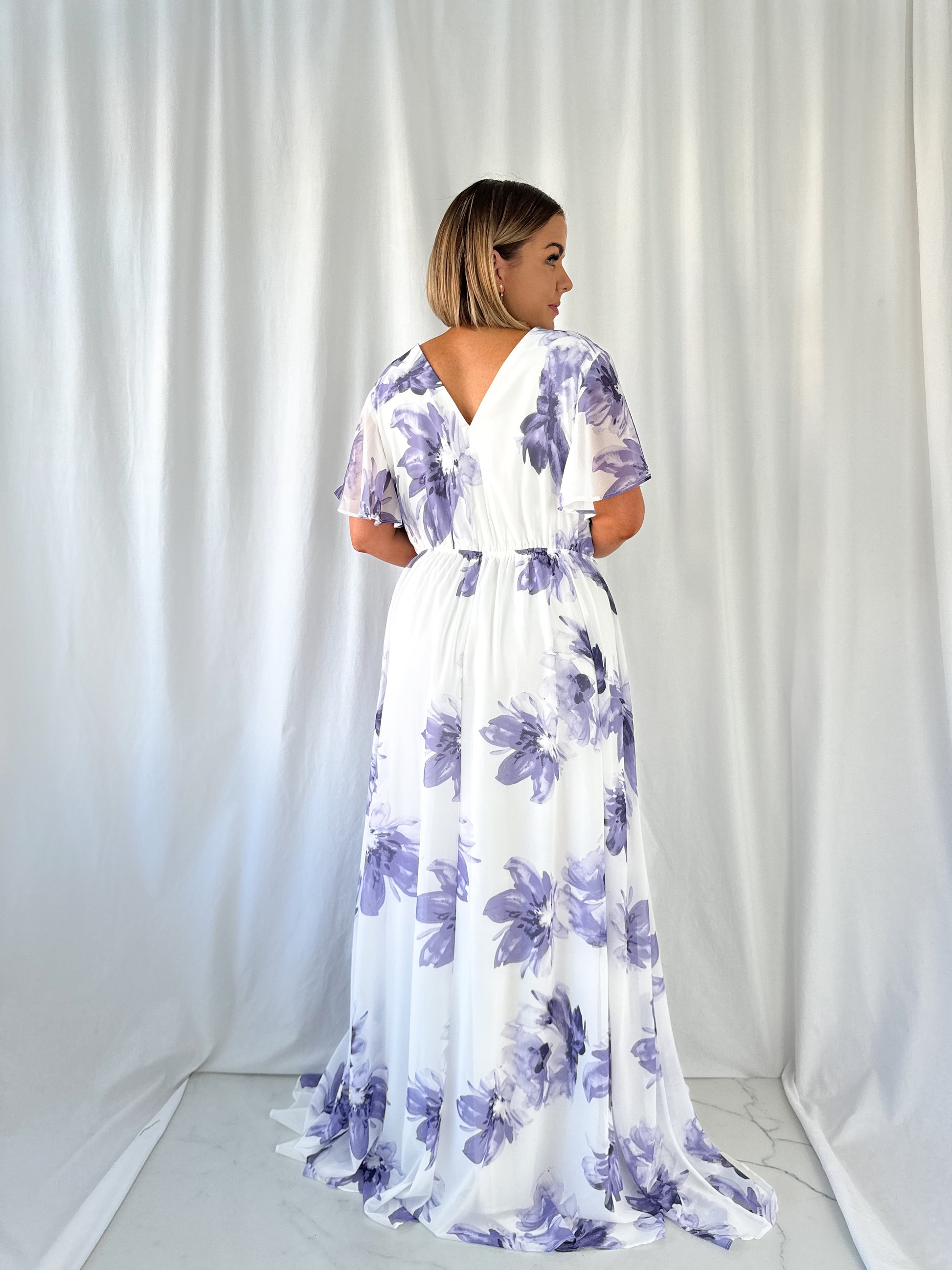 Vicky Maxi Floral Curve Dress - White and Purple mykindofdress Vicky Maxi Floral Curve Dress - White and Purple mykindofdress