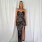 Natacha Sequin Floral Dress with Open Slit - Black