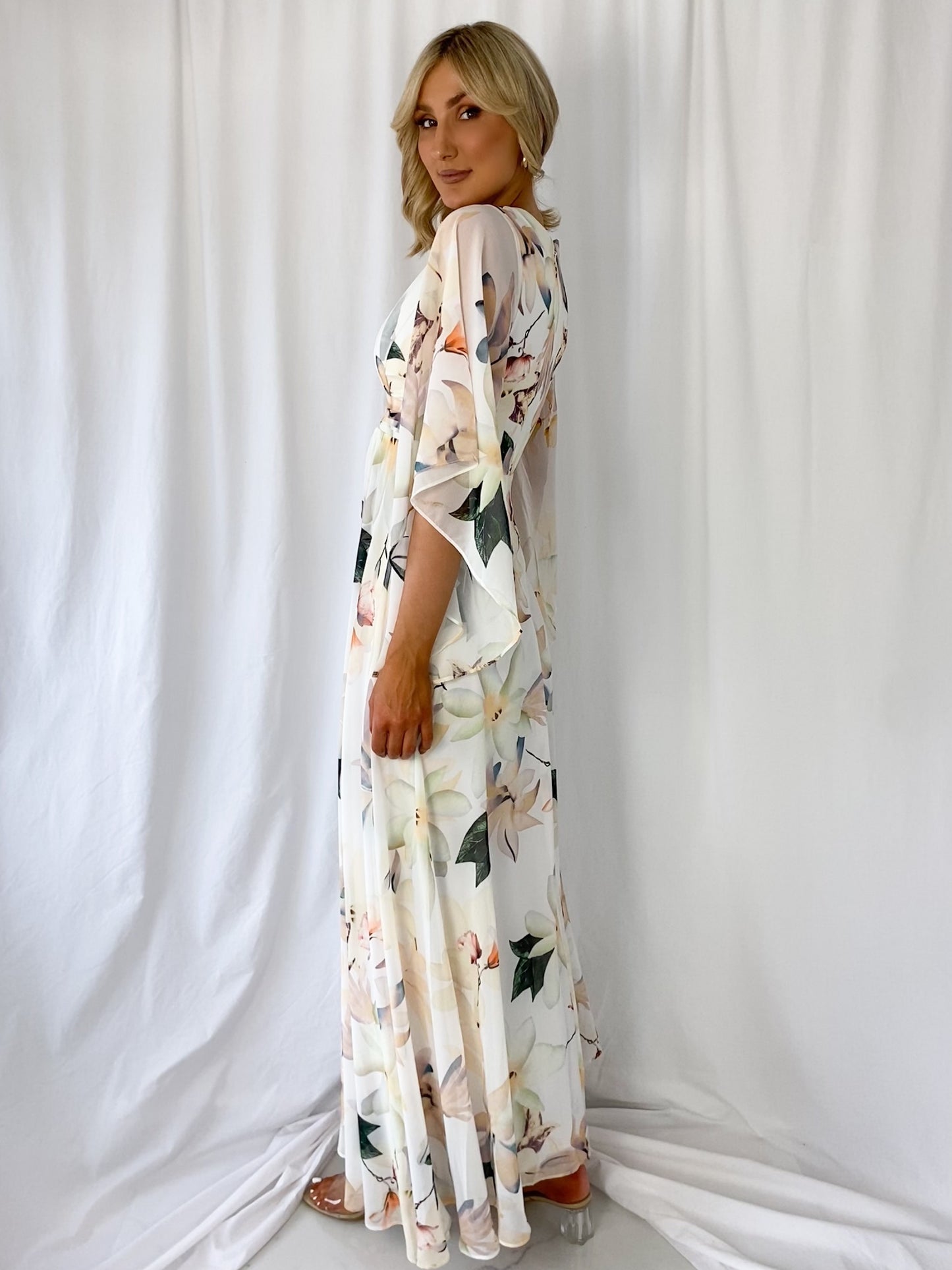 Meeva Maxi Floral Dress with Bell Sleeves - White