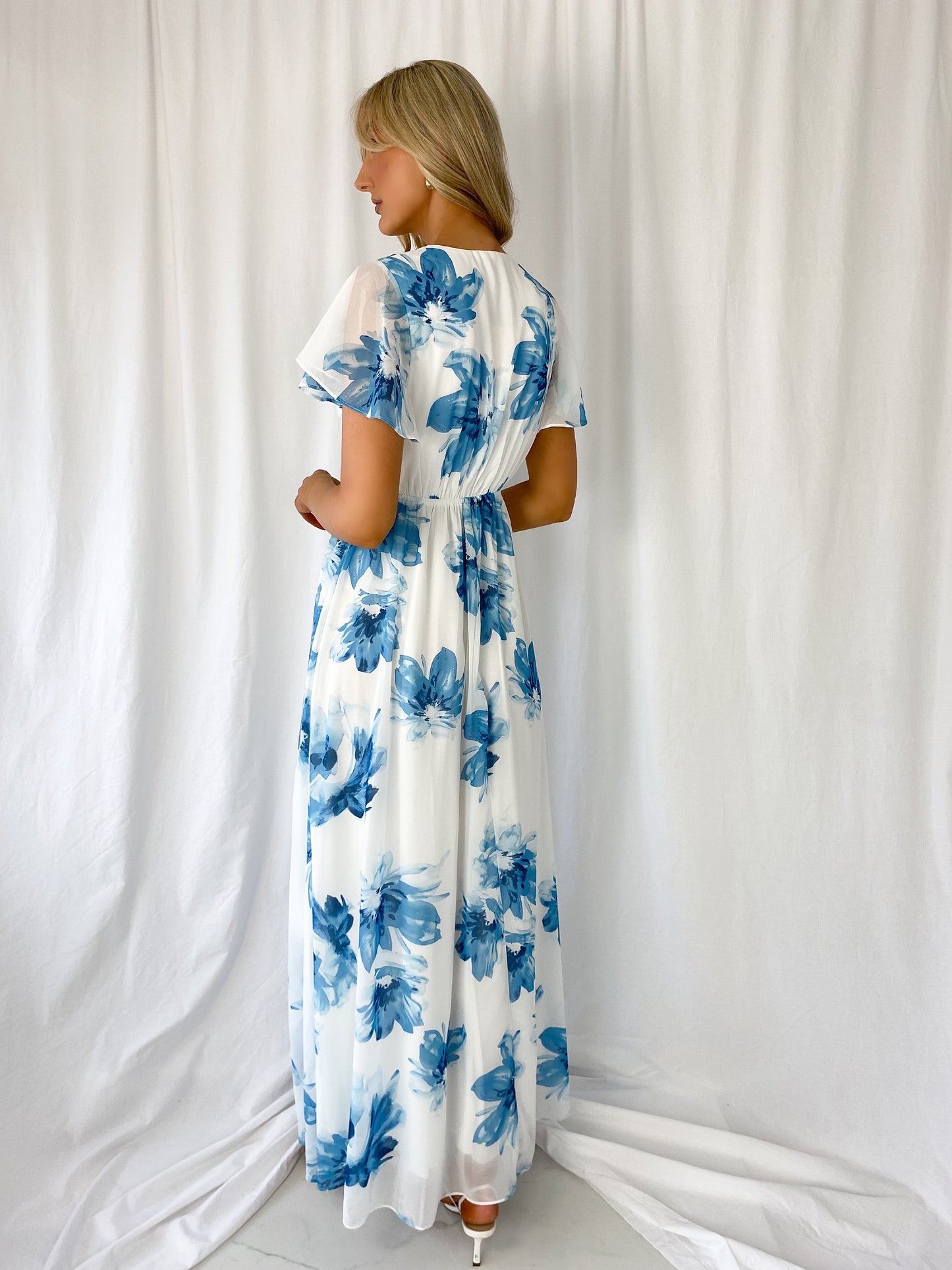 Maeve Maxi Floral Dress - White and Blue