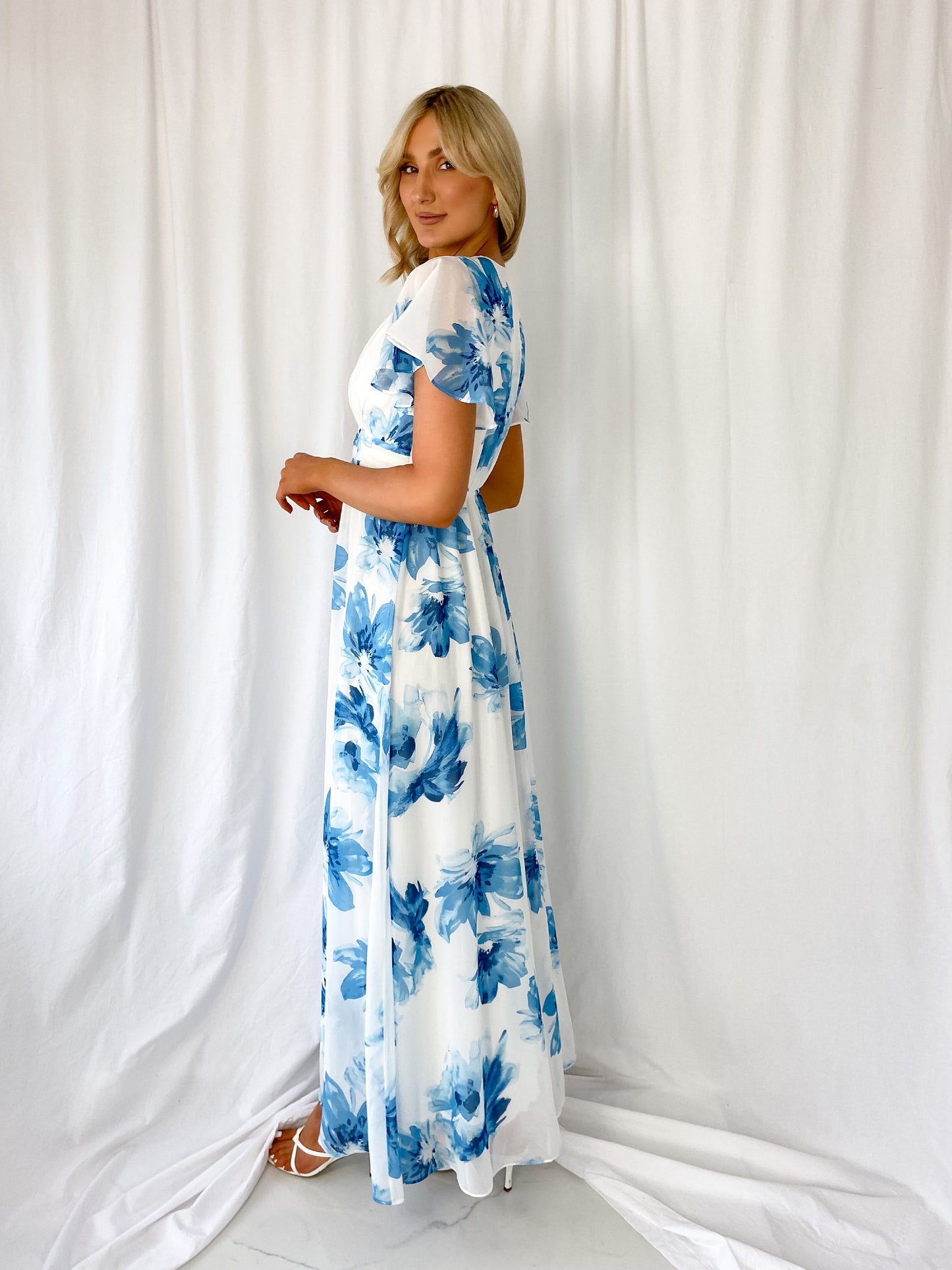 Vicky Maxi Floral Dress - White and Blue