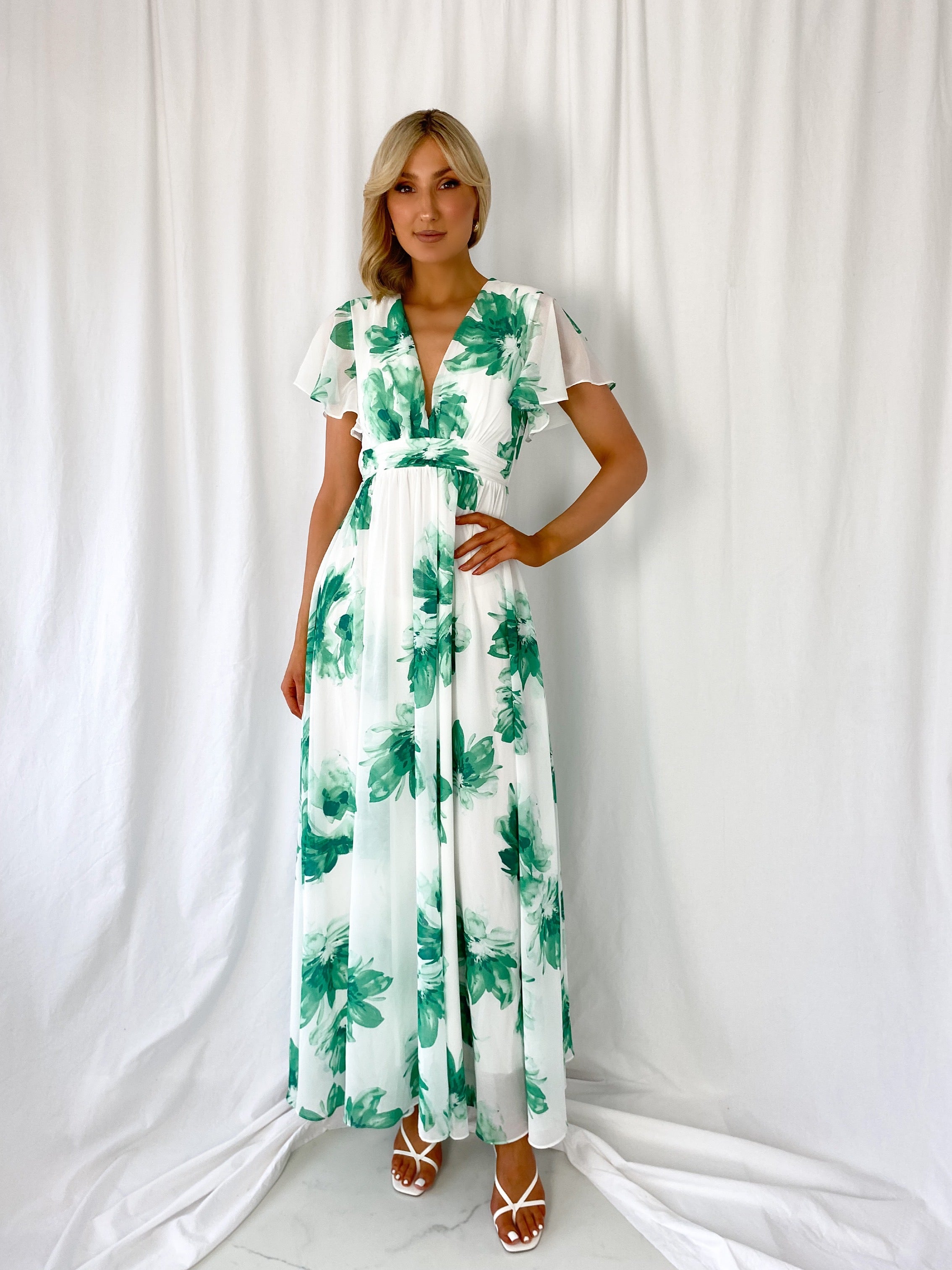 Vicky Maxi Floral Dress White and Green