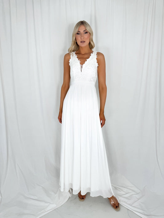 Telma Broderie Top Pleated Maxi Dress - White