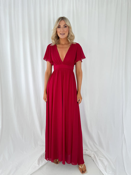 Tacha Short Sleeves Maxi Dress - Red