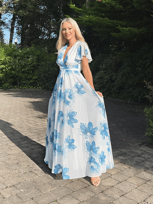 Vicky Maxi Floral Dress - White and Blue